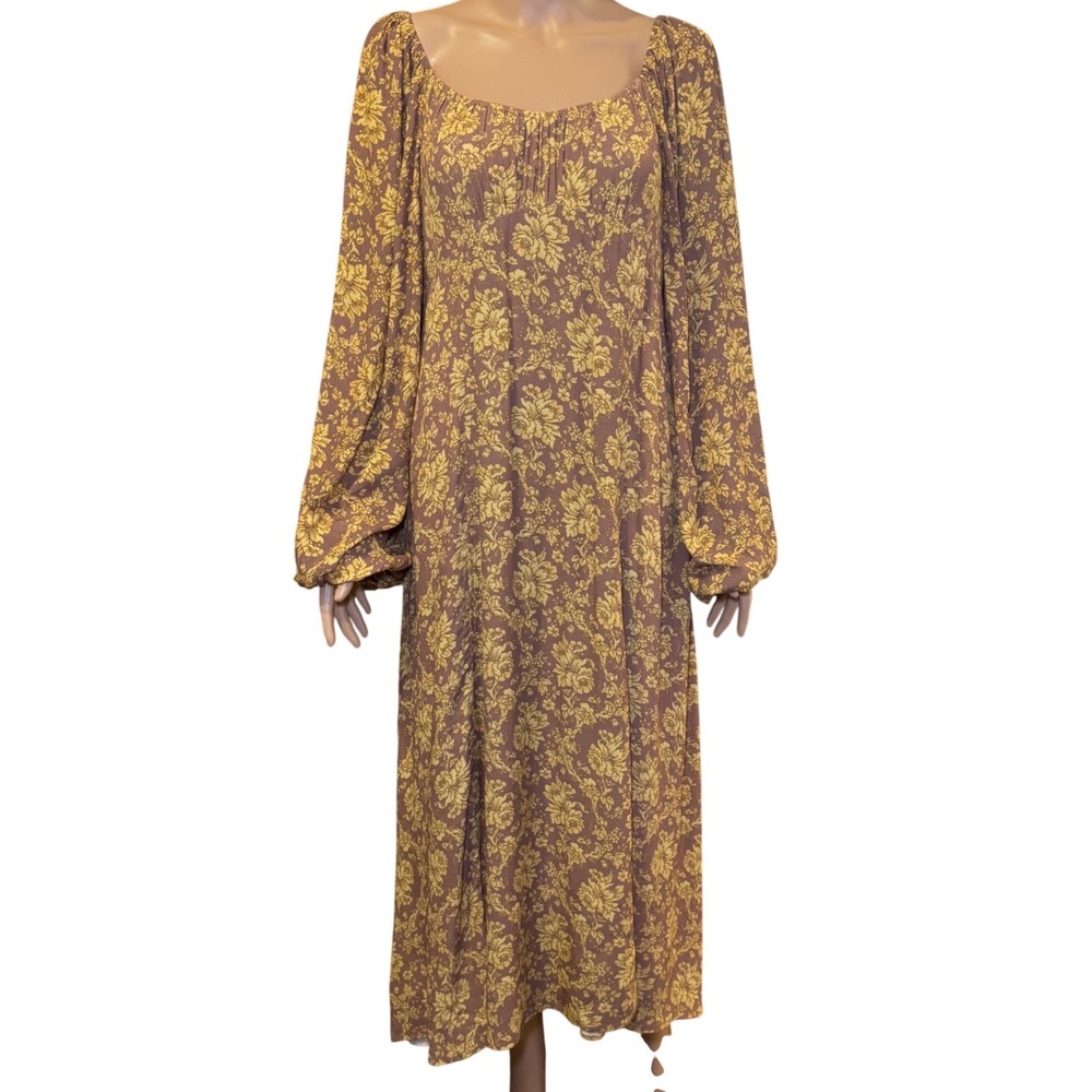 In Loom Floral Prairie Maxi Dress Long Sleeve Smocked Square Neck Brown Yellow M
